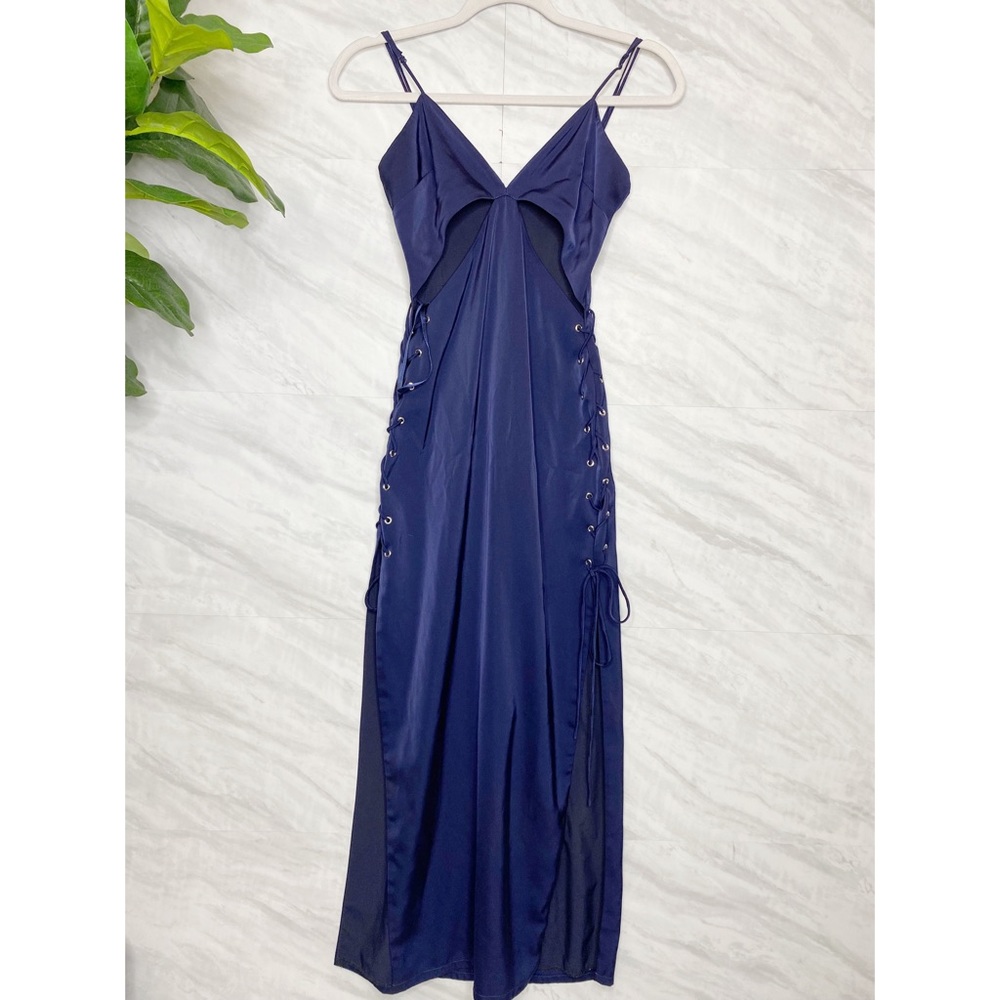 Revolve x NBD Leighton Navy Blue Lace-Up Cut Out Maxi Dress XS